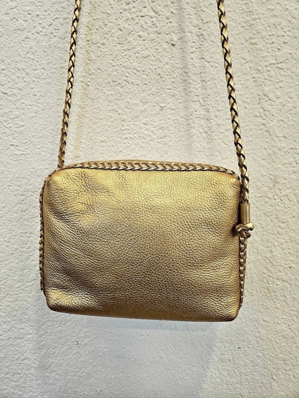 CEM Vintage Metallic Gold Textured Leather Woven Detail Crossbody Bag